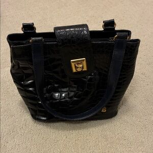 Bally Chic Black Crocodile-Embossed Tote Bag and Mirror👝